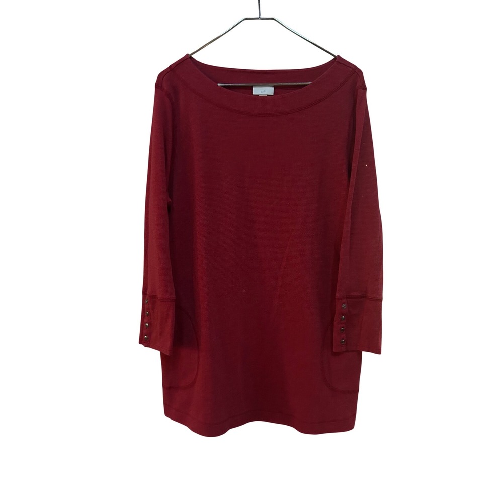 J. Jill Red Waffle Knit Tunic Top Womens XL Boat Neck Pockets Button Cuff shirt